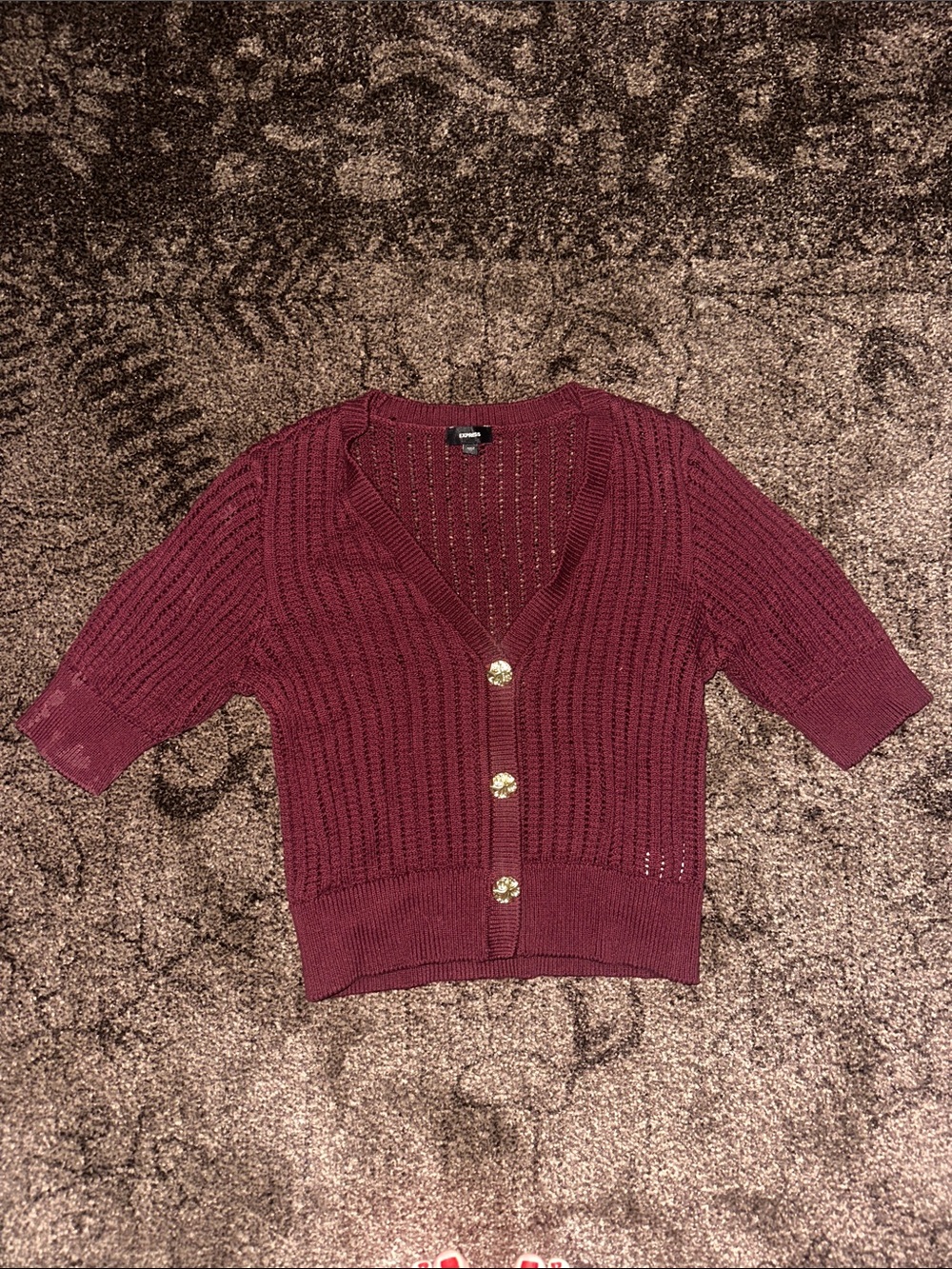 Express Burgundy Short-Sleeve V-Neck Cardigan with Gold Buttons